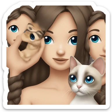 brunette girl blue eyes holding siamese cat sticker