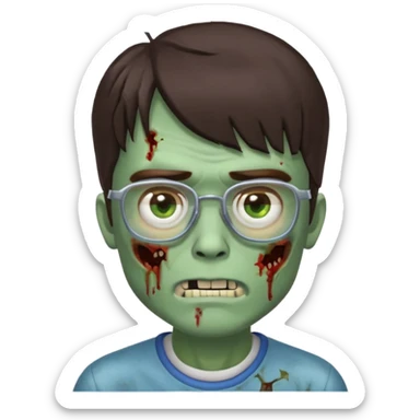 an emoji of a male zombie with dark brown hair and bangs that cover your entire forehead and extend to your eyebrows, wearing square, bluish glasses. sticker