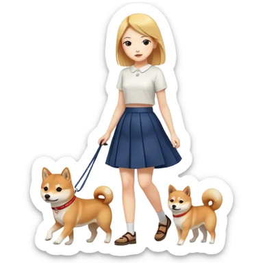 A beautiful girl with fair skin walks a Shiba Inu in a skirt sticker