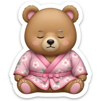 A cute chubby light-brown bear wearing a pastel pink sakura-patterned kimono, body and round head, adorable simple face, sleepy half-closed eyes, small blush on cheeks, sitting while dozing off, tiny “zzz” floating above the head sticker