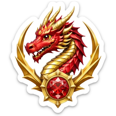 Golden dragon with wings crest / brosch in a circle with red gems and no background sticker