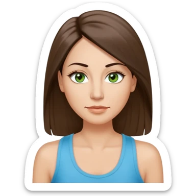 43 year old Adult woman avatar, light skin tone, long, oval face, long straight ashy brown hair, green almond-shaped eyes with dramatic eyelashes and minimal eyeliner, neutral mouth, medium straight eyebrows, small nose, smooth skin, sky blue tank top sticker