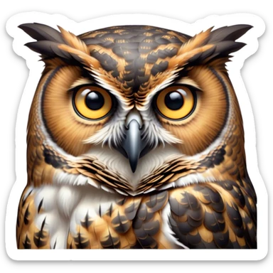 Cinematic Deep Thought Great Horned Owl Portrait Emoji, Head held high with a calm, reflective gaze, showcasing a beautifully mottled plumage and piercing golden eyes that seem to ponder the mysteries of the night, Simplified yet majestically refined features, highly detailed, glowing with a soft, contemplative light, high shine, poised and thoughtful, stylized with an air of profound introspection, capturing the essence of an owl deeply engaged in thought, so thoughtful it feels like it could silently share timeless secrets from beyond the screen! sticker