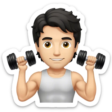 caucasian black haired wavy gym guy with dumbells sticker