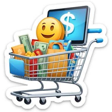 Create a sleek and dynamic emoji that represents a sales system. It should feature a shopping cart (🛒) overflowing with products, a glowing dollar sign (💰) beside it, and a computer screen displaying a checkout page. The design should have modern, minimalist elements with subtle animations or glowing highlights to emphasize the flow of the sales process. Make the colors vibrant and engaging, with a clean, professional look sticker