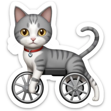 full body small short hair dark grey and white cat with hazel eyes walking in a wheelchair for cats sticker