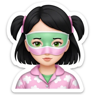 Una chica con pelo negro vestida con una pijama rosada blanquita y que tenga una mascarilla verde en la cara sticker