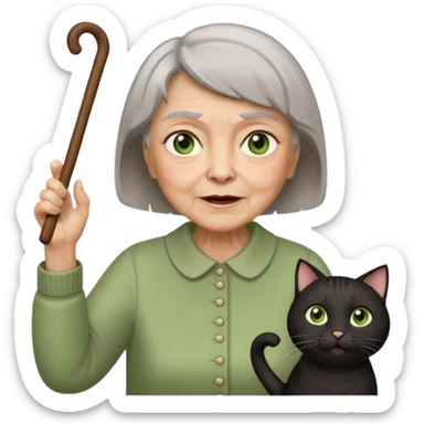 A grouchy old lady with a wooden cane in her hand waving it in the air shouting out "Stay Off My Lawn!" Hair Is short brown with some grey in it eyes are brown also  a pure black cat with big green eyes sitting on her left shoulder. The cat has her left paw up sticker