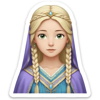 Joven de unos 30 años, de aspecto dulce y elegante.
Piel clara, ojos (pueden ser azules o verdes)
Rubio o castaño claro, largo, con trenzas o velo.
Vestido largo de tonos suaves (blanco, azul o lavanda), con bordados dorados; un manto o toca fina cubriendo la cabeza. Haz todo el cuerpo. sticker