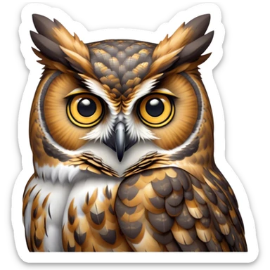 Cinematic Cute Great Horned Owl Portrait Emoji, Head tilted playfully and inquisitively, featuring a lush mottled Fur with intricate patterns of gray and white, round, sparkling golden eyes filled with curious wonder, Simplified yet irresistibly adorable features, highly detailed, glowing with a warm, friendly glow, high shine, affectionate and wise, stylized with a touch of nocturnal whimsy, bright and endearing, soft glowing outline, capturing the essence of a mischievous yet loving owl, so playful it feels like it could glide out of the screen and perch in your arms! sticker