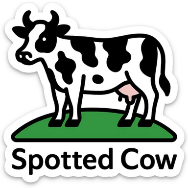 Change the cow on the stylized New Glarus Spotted Cow beer label to black and white, keep the green field and 'Spotted Cow' text, no background. sticker