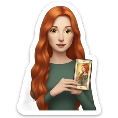redhead white woman medium long straight hair, holding a tarot card in her hand sticker