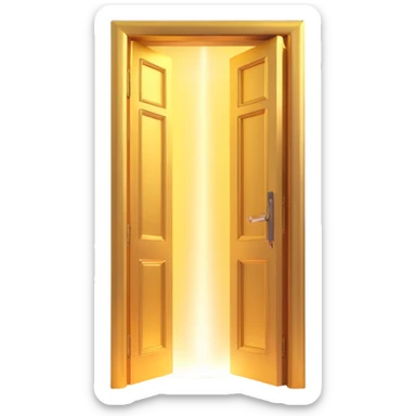 3D emoji style, pitch black scene with an ornate golden door slightly open. Extremely strong, wide, and bright white light beam and glowing haze pouring through the crack. Cinematic and dramatic atmosphere with a clearly visible light shaft. No background. sticker