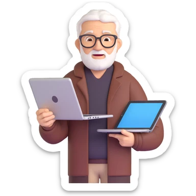 emoji of an older coder using a laptop and referencing a tablet sticker