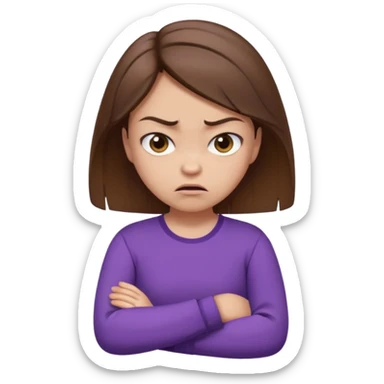 Angry Pouty girl with small squinted eyes folding arms in a purple longsleeve shirt she has fair skin and brown hair sticker