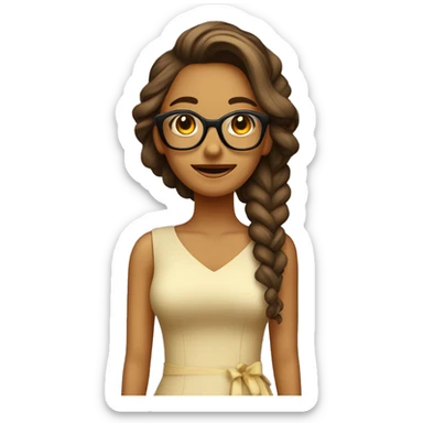 Chica con pelo castaño rizado longitud mediana. Con gafas beige. Sonriente y con vestido amarillo con dibujos de piñas. sticker
