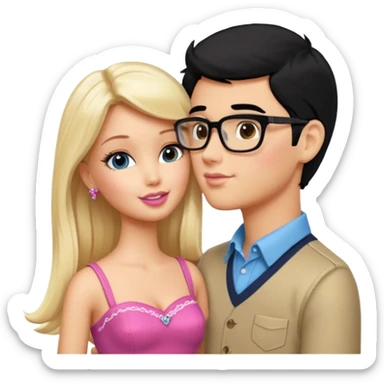 pretty light blonde girl barbie kissing boy nerd with black hair and tan skin on the cheek sticker