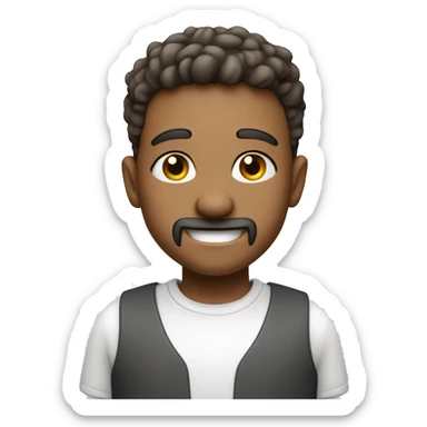 smiling boy in white shirt, white a salt and pepper goatee sticker