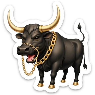 The emoji is an angry black powerful bull with steam coming out of its nose and a gold chain hanging from its neck with the inscription "bull run" sticker