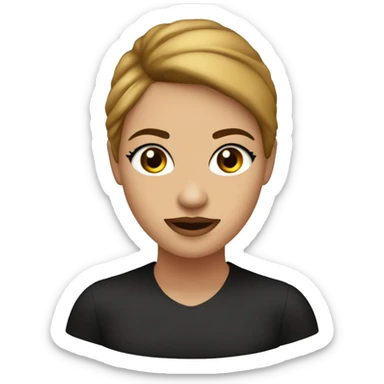 Crea un emoji de una chica blanca con el cabello castaño claro liso, ojos cafés y labios gruesos. Que tenga un top negro sticker