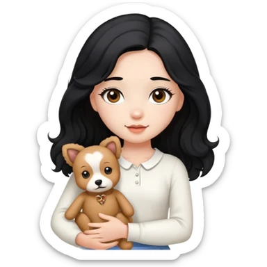 A beautiful girl with long straight black hair wearing a white skirt holding a small brown curly teddy dog sticker