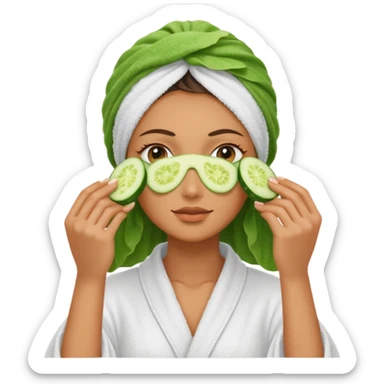 woman at the spa with cucumbers slices covering her eyes and tan skin tone with towel completely covering hair and robe on sticker