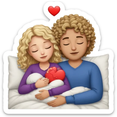 cuddling in bed, asleep. wavy haired blonde girl. curly haired dark brown hair man. eyes closed. heart between them. no headboard sticker