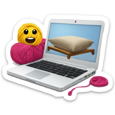 Laptop on a bed and yarn sticker