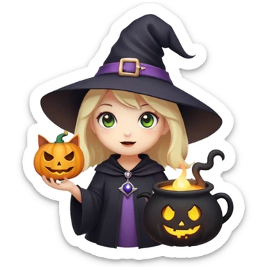 A tiny halloween emoji-style sticker of a cute but spooky little witch, blending kawaii and horror aesthetics. She has big glowing eyes, a round face, and a tiny pointed hat with stars. Her expression is mischievous but friendly—maybe winking or sticking out her tongue. Add subtle creepy details like a floating spellbook, a tiny cauldron with smoke, or a ghostly familiar (e.g., a bat, black cat, or pumpkin spirit). Use a dark but vibrant color palette: purples, blacks, and neon greens. Keep the style simple, exaggerated, and highly expressive, optimized for use as a discord/telegram emoji sticker