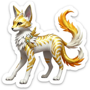 Epic complex fantasy glorious detailed futuristic divine godly angelic feathery sunny, white, albino, pastel, golden, orange glowing sparkly, realistic Fakémon-Sprigatito-Floragato-Meowscarada-Trico-Sergal-Serval-Solgaleo-Vernid-creature (full body) solarpunk, shiny sparkly with a gold laurel sticker
