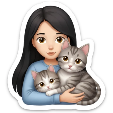 girl with black long hair, light-medium skin, brown eyes snuggling light grey tabby kitten sticker