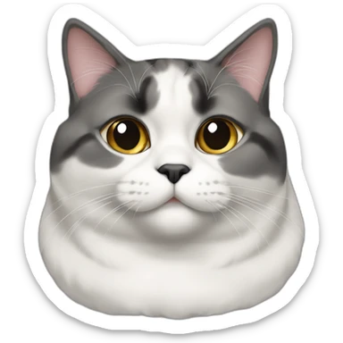 senior fat diluted calico cat, white chin, black nose, grey ears, grey and white sticker