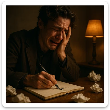 A writer sitting at a wooden desk, crying while writing in a notebook. The room is dimly lit with a single warm lamp. Crumpled papers scattered around. The writer looks emotional, overwhelmed by feelings. Tears falling on the paper, ink smudging. Artistic, cinematic atmosphere. sticker