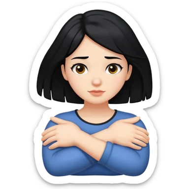 Girl with black hair with her arms crossed holding her neck sticker