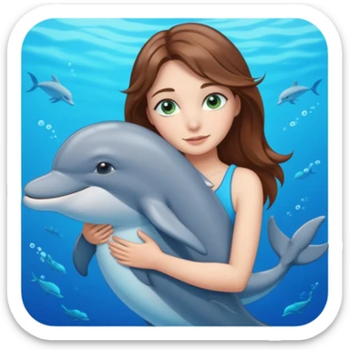 brown hair girl with greenish blue eyes hugging a dolphin sticker