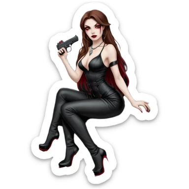 Lilith red eye seductress evil long brown haired sexy succubus woman with leather long seductive dress on, sitting in Big Large F350 pickup truck. Wearing super tall black platform high heels, Back seat full of stacks of cash, she is  Holding a human skull of her enemies and a gun in other hand sticker