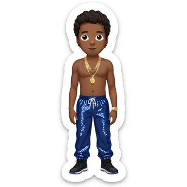 Jay-Z with dark brown hair, dark blue sequin baggy pants, shirtless with necklace  sticker