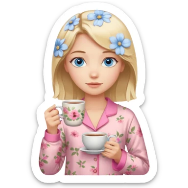 Blue eyed girl with middle length blond hair in floral beige pijamas is holding a pink cup of tea sticker