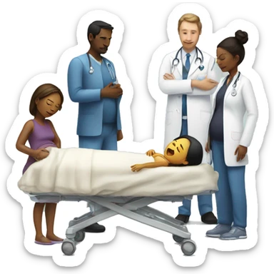 a woman gives birth and doctors stand nearby sticker