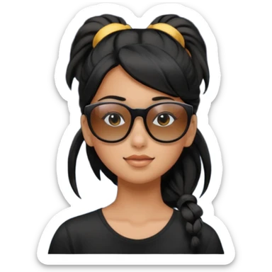 An Emoji of girl with black ponytail hair, who can be described by three words: sun, moo, star sticker