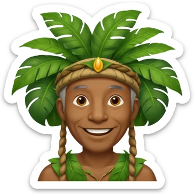 a old black man with jungle wearing a large leaf headgear bye  sticker