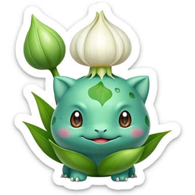Bulbasaur with a green, unopened plant bulb with layered petals, resembling a garlic or lily bud on back sticker