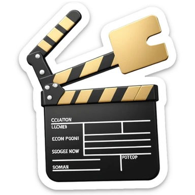 cartoon movie clapper, simple design with gold top part and white bottom part, black diagonal stripe sticker