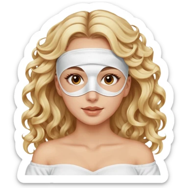 White girl- brown eyes - beauty face mask massage -full care- blonde long curly hair  white off shoulder shirt sticker