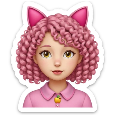 Make the girl's hair curly instead of straight, keep the cat ears without a headband, and add a cute pink or silver collar. Style: apple emoji style, transparent background. sticker