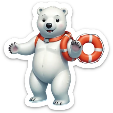 full body friendly anthropomorphised polar bear smiling wearing colorful swim suit and scuba goggles holding red and white life buoy standing in small puddle sticker