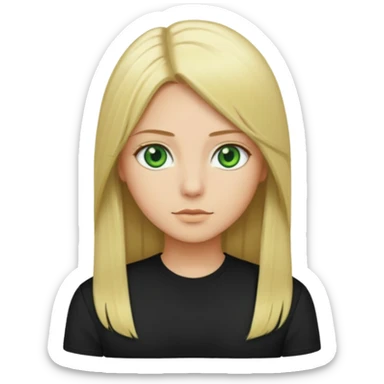 Long straight blonde hair with green eyes and black shirt sticker