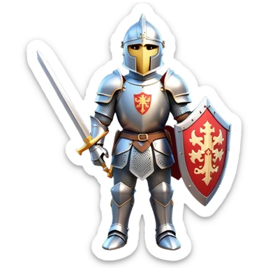 Clash of Clans aesthetic: Cinematic heroic Armored Knight Hero Emoji, rendered in a 3D vector-style similar to standard emojis with minimal shading and bold, simplified shapes. A compact, isometric warrior clad in gleaming plate armor with intricate heraldic details, softly glowing with a chivalrous medieval charm. Simplified yet unmistakably iconic, highly detailed and consistent, glowing with a soft radiant shine and high polish. Stylized with a touch of noble valor and a soft glowing outline, wearing a full face helm so that no face is visible with only eyes visible, capturing the essence of a gallant knight ready for honorable battle with a friendly, playful manner! sticker