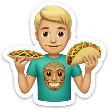 blonde man with tiki shirt holding taco sticker