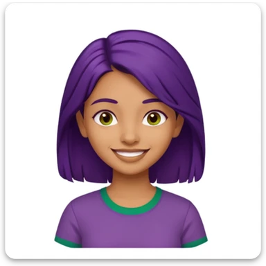 Give me an emoji : a tan skinned indian girl, medium deep purple hair with a green shirt sticker